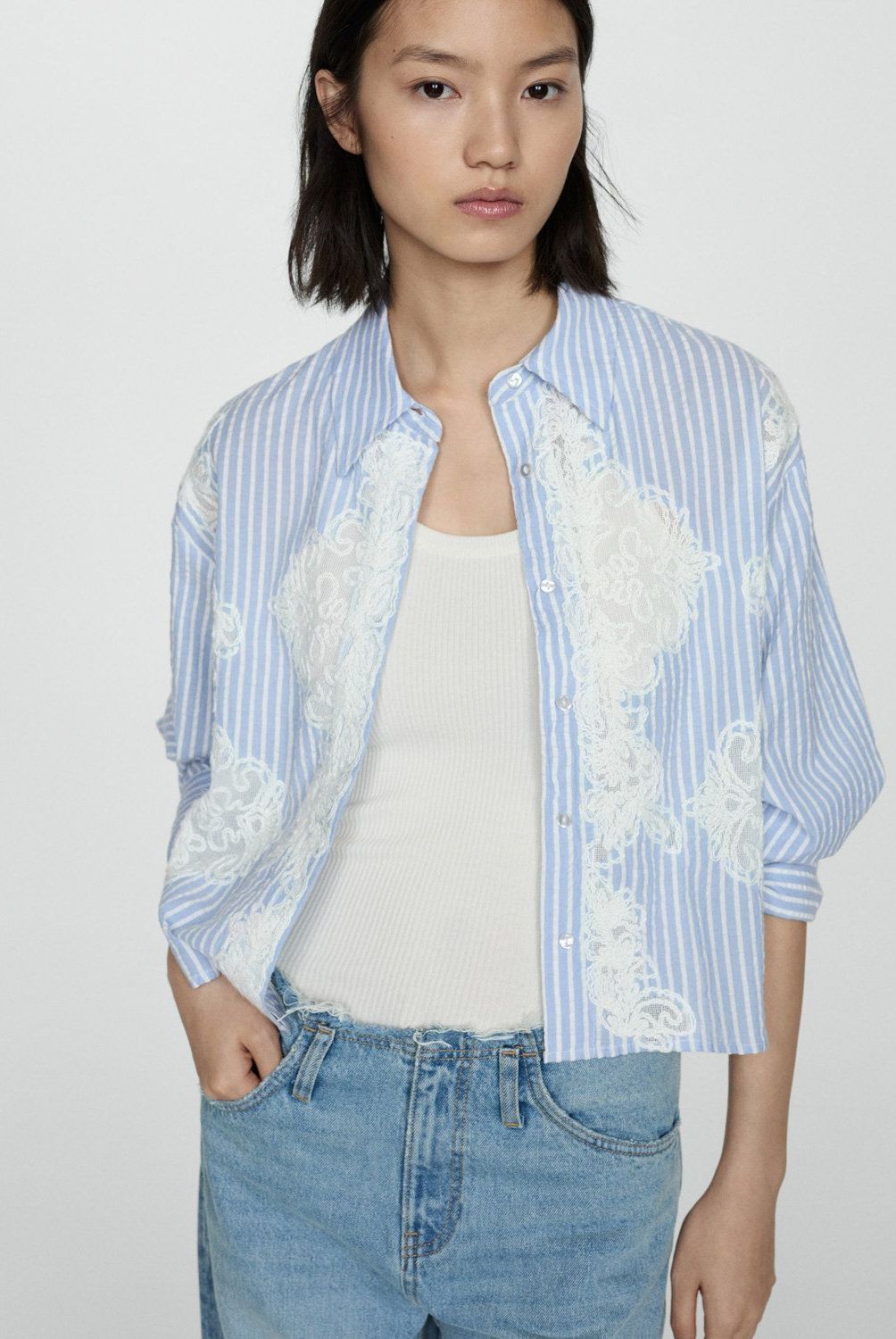 MANGO - Camisa Rayas Bordada Mujer Mango