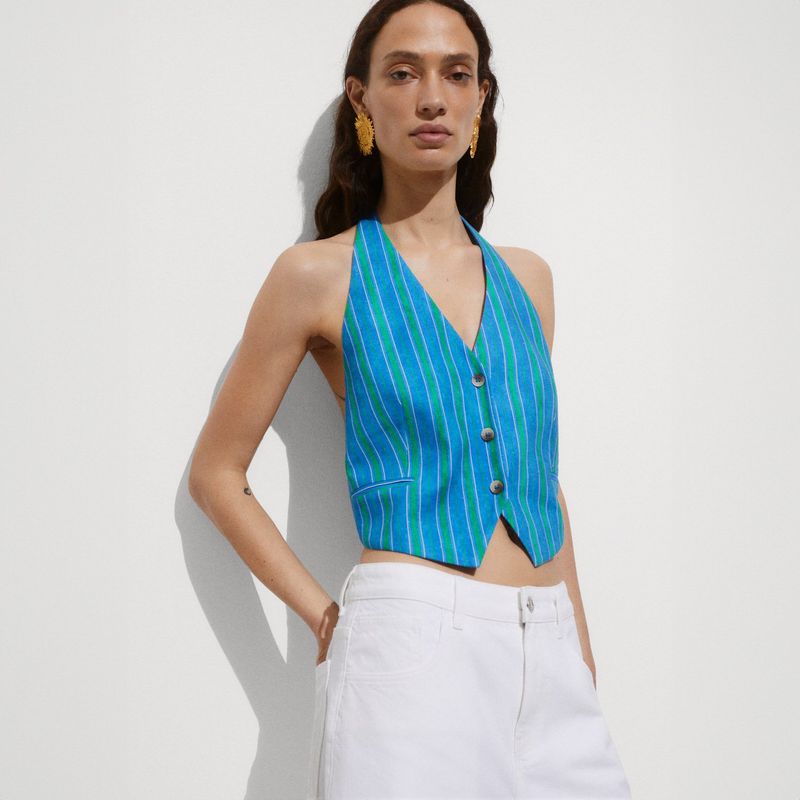 MANGO - Polera Lino Estampado Rayas Mujer Mango