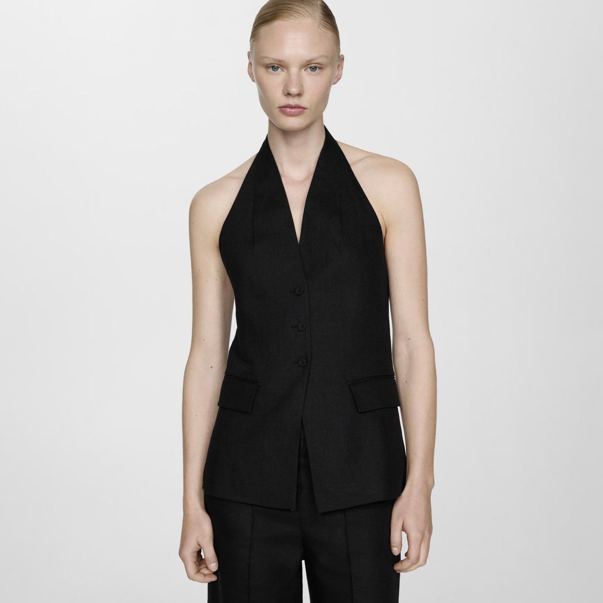 MANGO - Blazer Lino Cuello Halter Mujer Mango