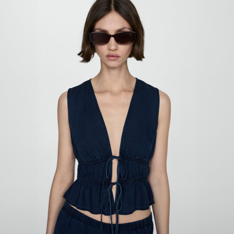 MANGO - Top Fruncido Lazos Mujer Mango