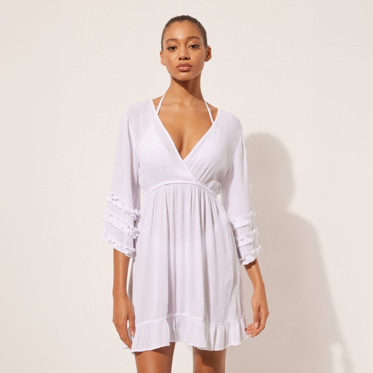 CALZEDONIA - Vestido Playero Escote en V con Volantes para Mujer