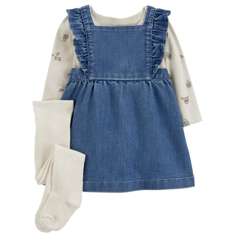 Conjunto 3 Piezas Vestido Mezclilla, Body y Patys Bebé Niña