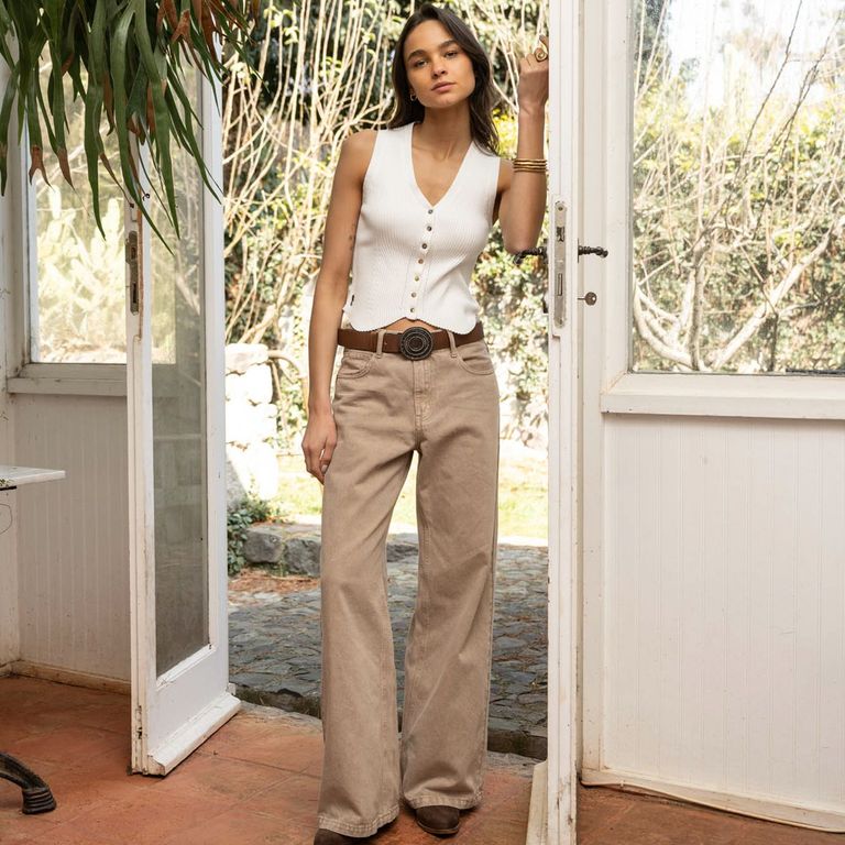 Jeans Wide Leg Tiro Alto Josefa Beige Mujer