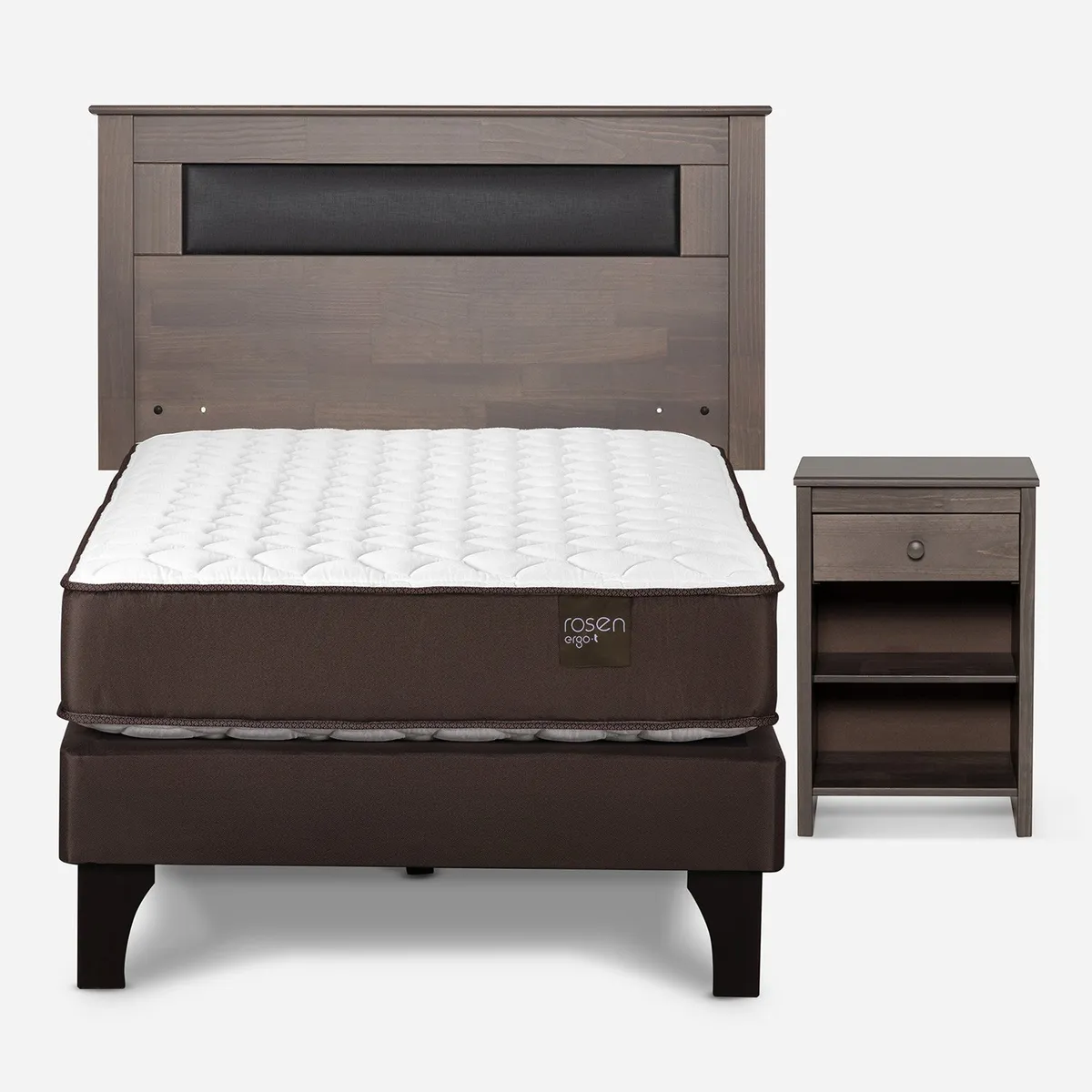 ROSEN - Cama Europea 1.5 Plazas Ergo T + Respaldo + 1 Velador Rosen