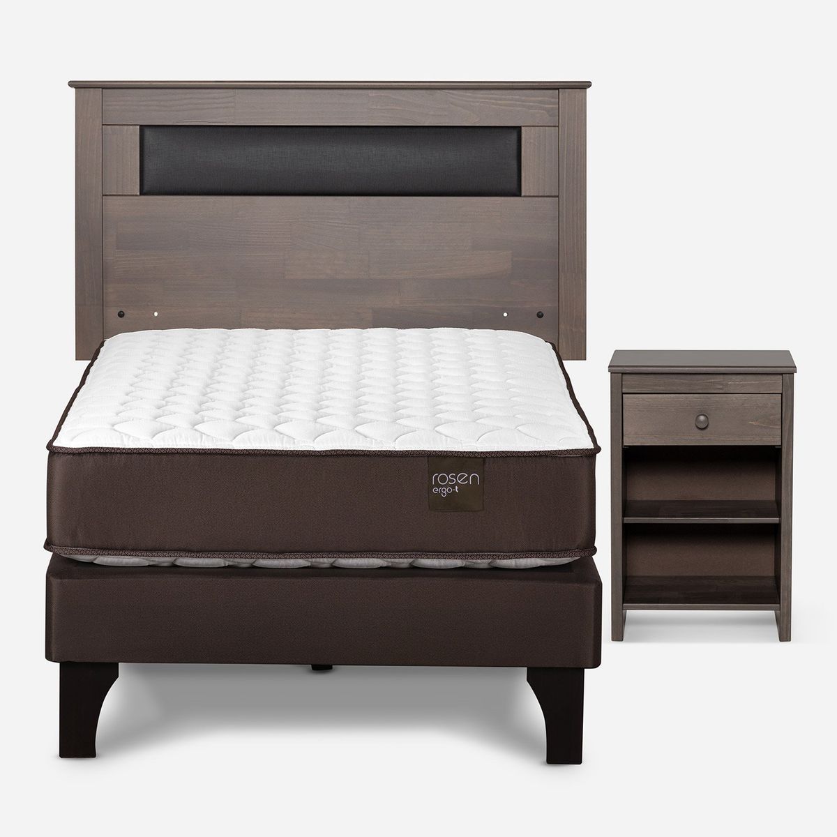 ROSEN - Cama Europea 1.5 Plazas Ergo T + Respaldo + 1 Velador Rosen