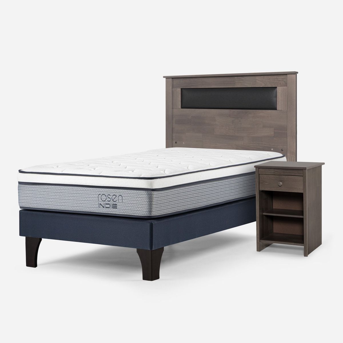 ROSEN - Cama Europea Indie 1.5 Plazas x 2.00 mt  + Respaldo + 1 Velador Rosen