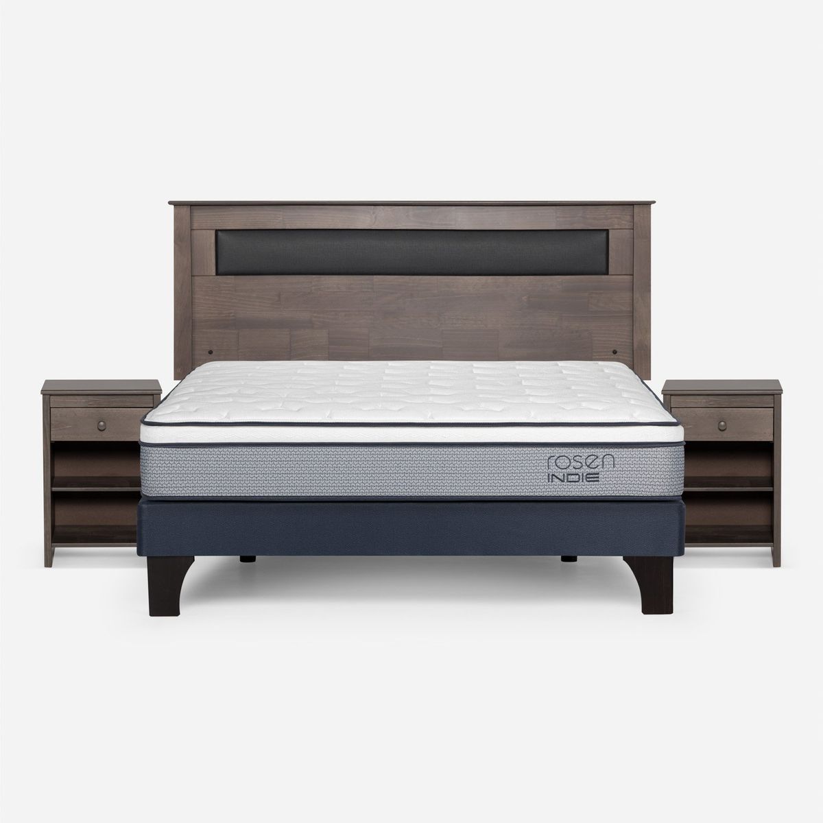 ROSEN - Cama Europea Indie 2 Plazas x 2.00 mt Base Normal + Respaldo + 2 Veladores Rosen