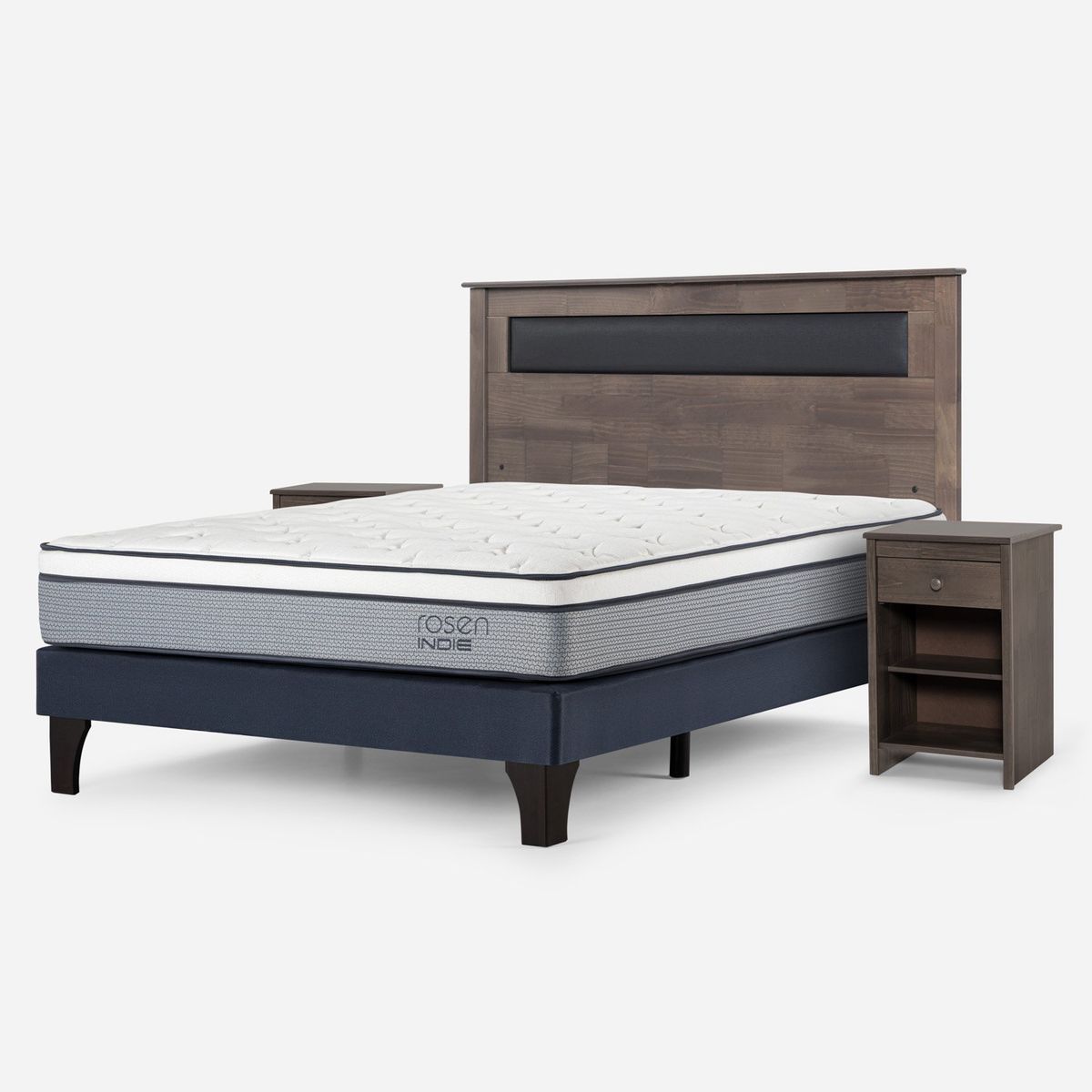 ROSEN - Cama Europea Indie 2 Plazas x 2.00 mt Base Normal + Respaldo + 2 Veladores Rosen