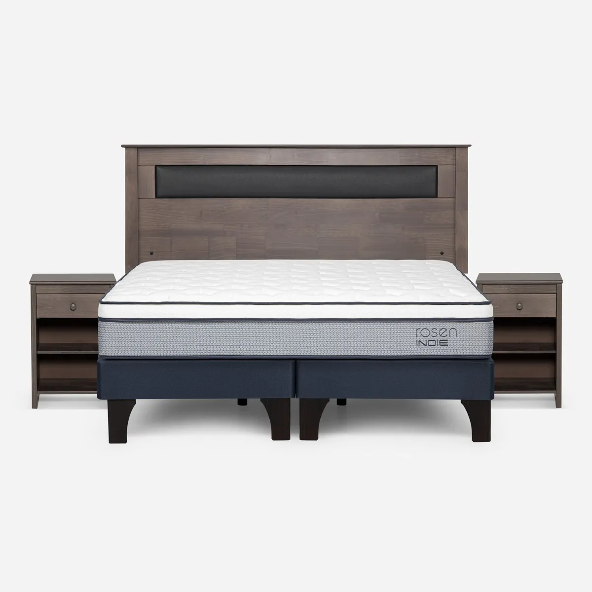 ROSEN - Cama Europea Indie 2 Plazas x 2.00 mt Base Dividida + Respaldo + 2 Veladores Rosen