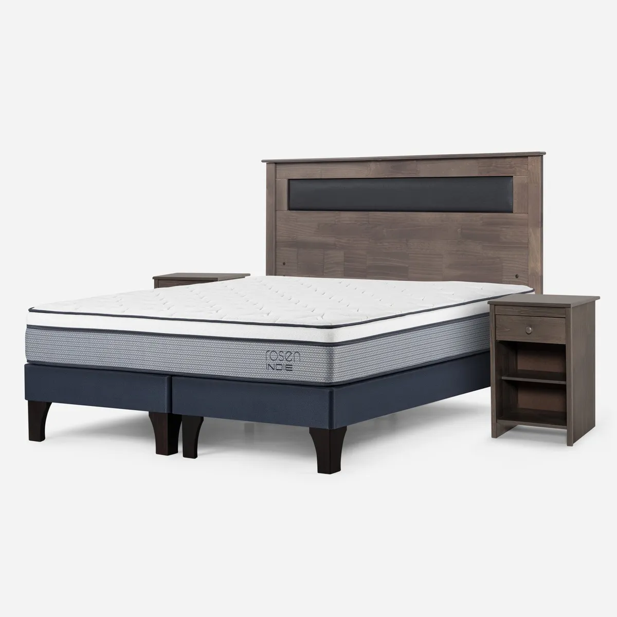 ROSEN - Cama Europea Indie 2 Plazas x 2.00 mt Base Dividida + Respaldo + 2 Veladores Rosen