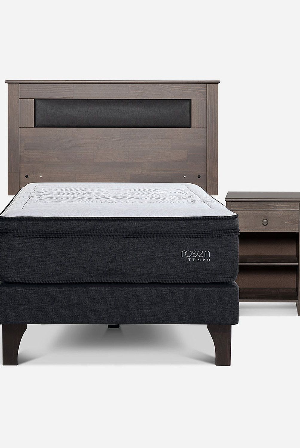 ROSEN - Cama Europea Tempo 1.5 Plaza Ferrara G + Respaldo + 1 Velador Rosen