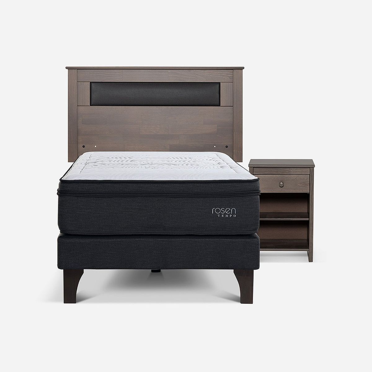 ROSEN - Cama Europea Tempo 1.5 Plazas x 2.00mt  + Respaldo + 1 Velador Rosen