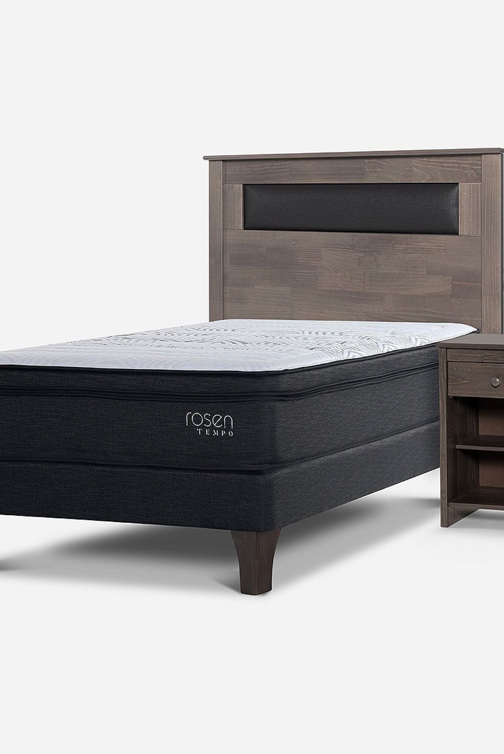 ROSEN - Cama Europea Tempo 1.5 Plaza Ferrara G + Respaldo + 1 Velador Rosen