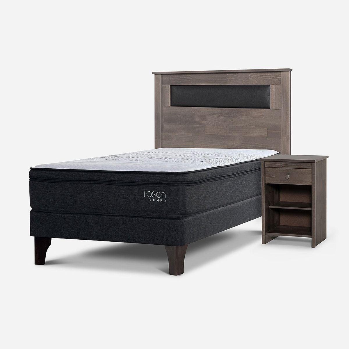 ROSEN - Cama Europea Tempo 1.5 Plazas x 2.00mt  + Respaldo + 1 Velador Rosen