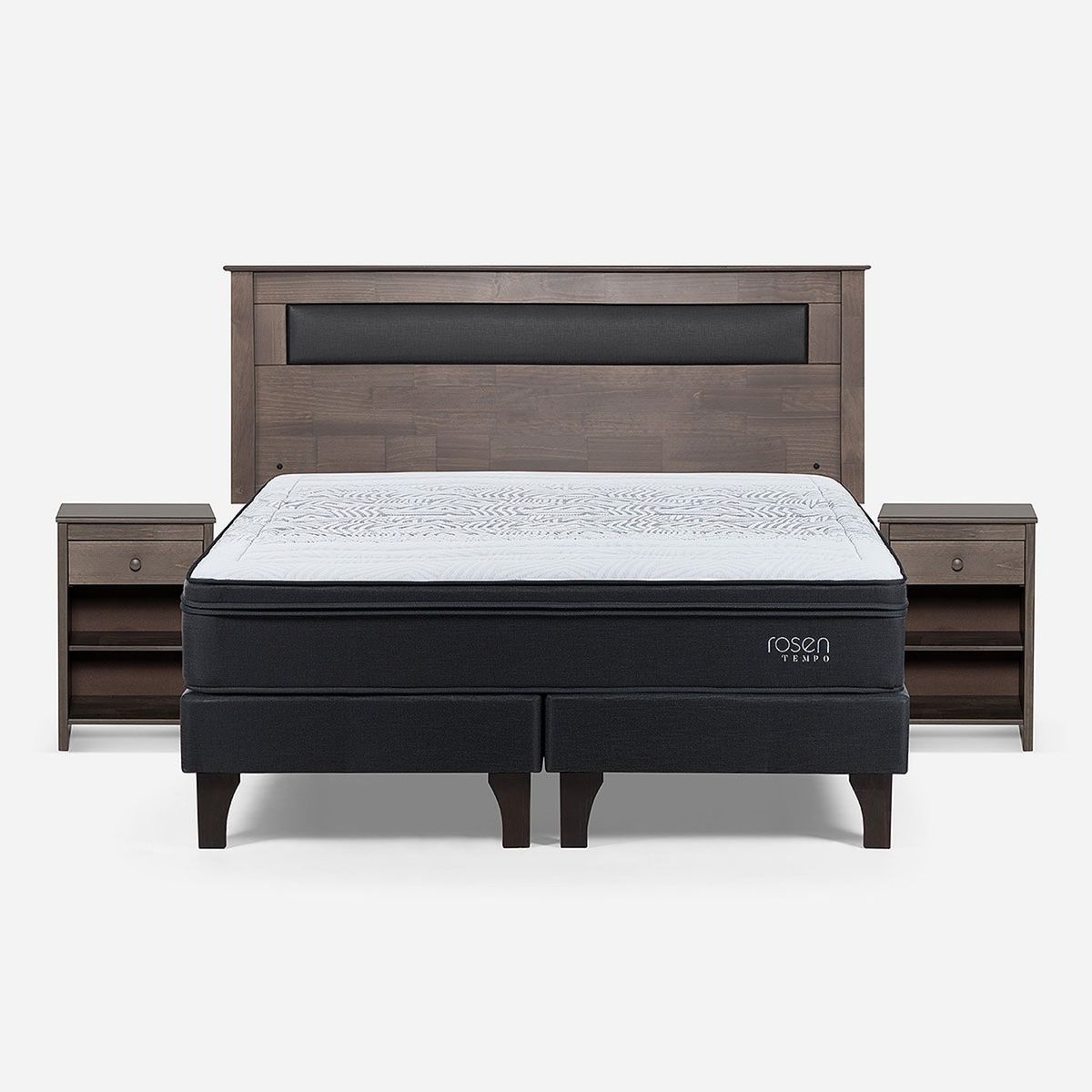 ROSEN - Cama Europeas Tempo 2 Plazas + Respaldo + 2 Veladores Rosen