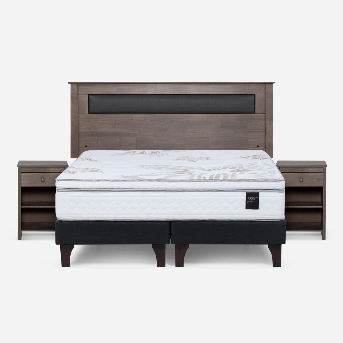 ROSEN - Cama Europea Art 4 2 Plazas + Respaldo + 2 Veladores Rosen