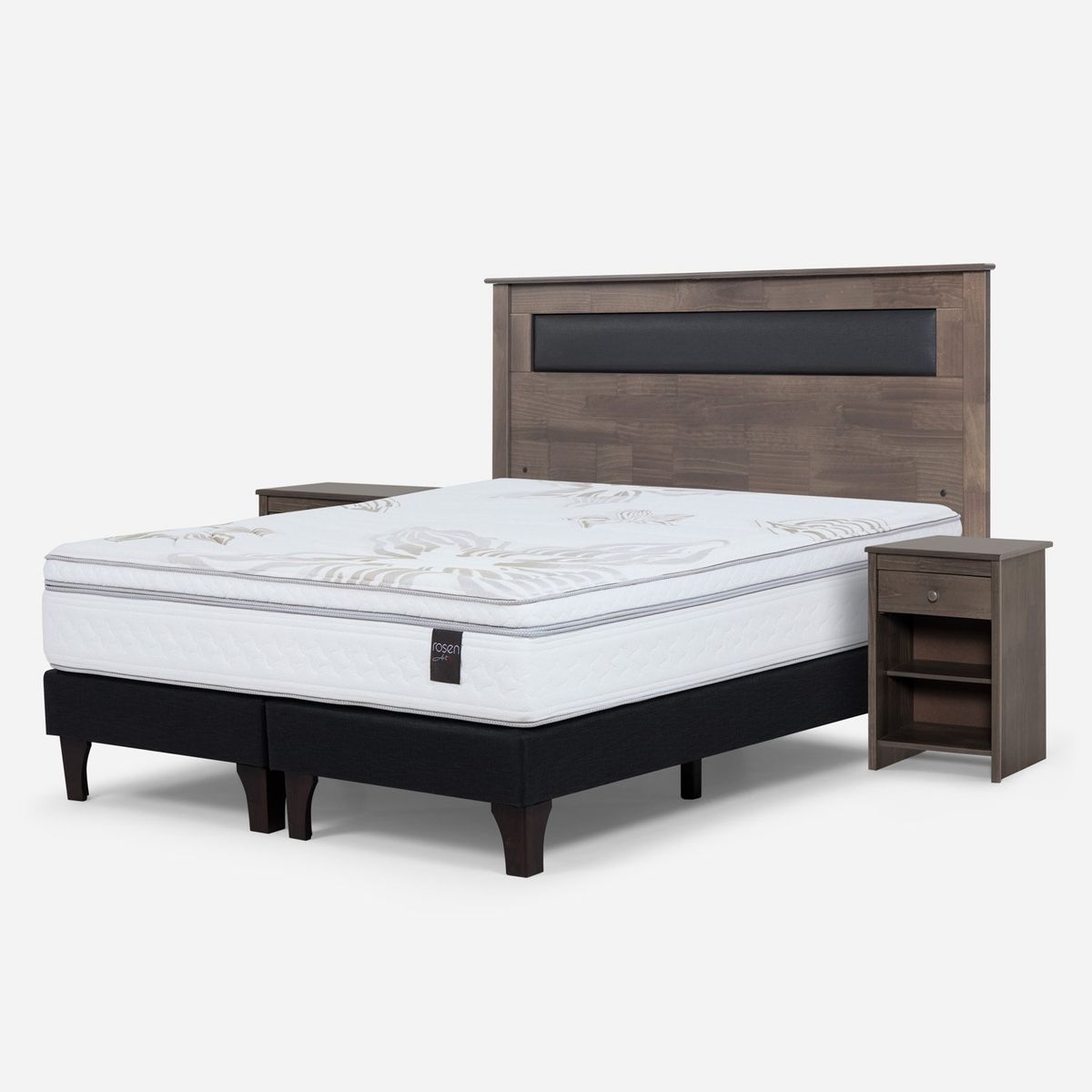 ROSEN - Cama Europea Art 4 2 Plazas + Respaldo + 2 Veladores Rosen