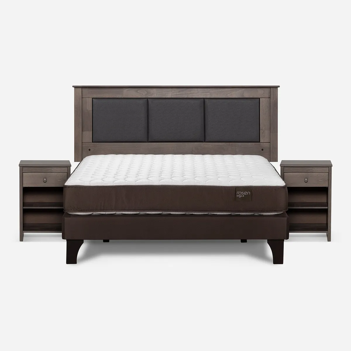 ROSEN - Cama Europea New Ergo T 2 Plazas x 2.00 mt Base Normal + Respaldo + 2 Veladores Rosen