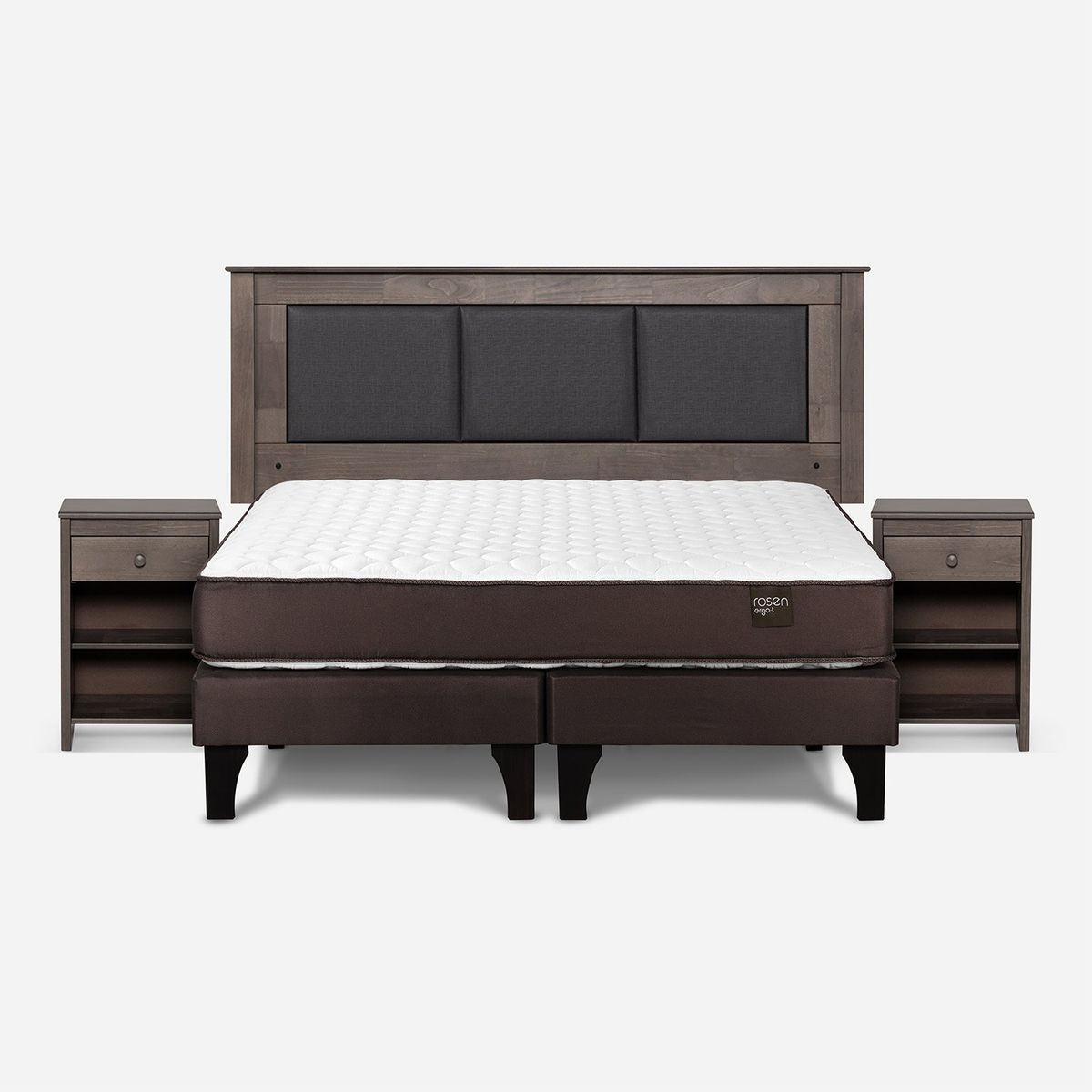 ROSEN - Cama Europea New Ergo T 2 Plazas x 2.00 mt Base Dividida + Respaldo + 2 Veladores Rosen