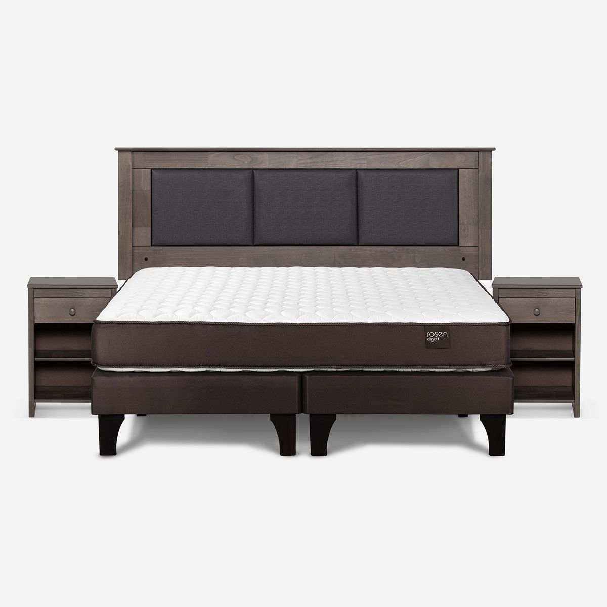 ROSEN - Cama Europea New Ergo T King x 2.00 mt Base Dividida + Respaldo + 2 Veladores Rosen