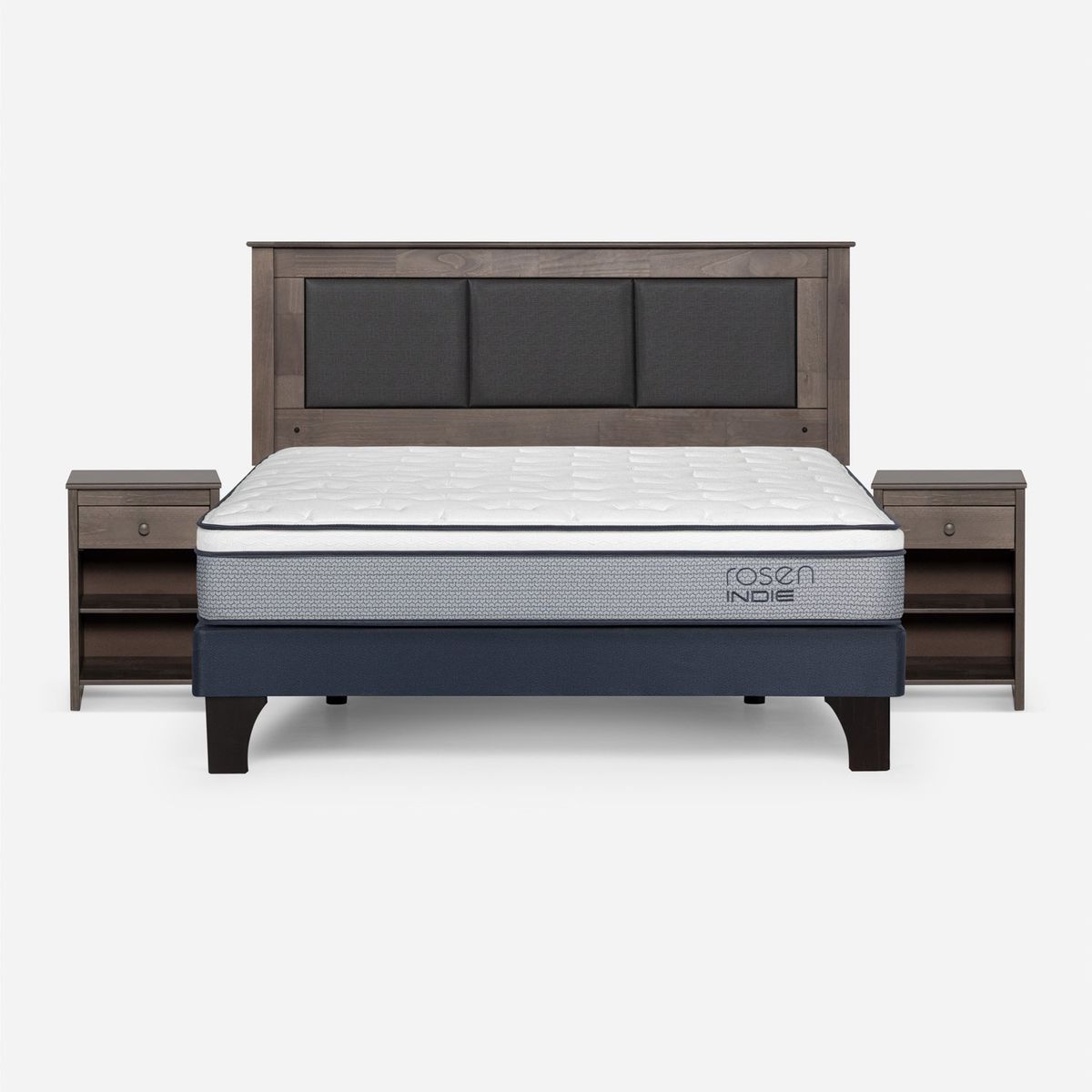 ROSEN - Cama Europea Indie 2 Plazas x 2.00 mt Base Normal + Respaldo + 2 Veladores Rosen
