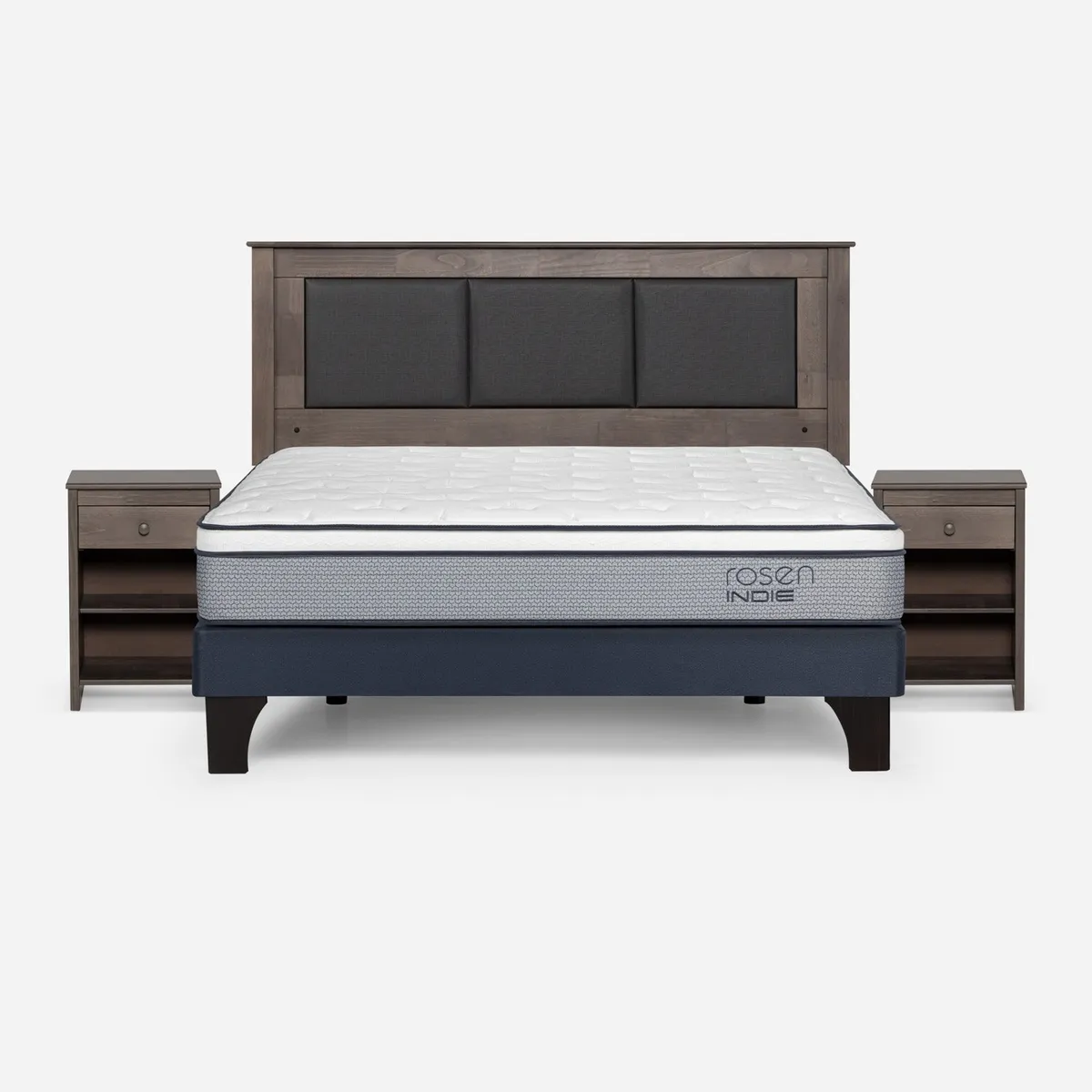 ROSEN - Cama Europea Indie 2 Plazas x 2.00 mt Base Normal + Respaldo + 2 Veladores Rosen