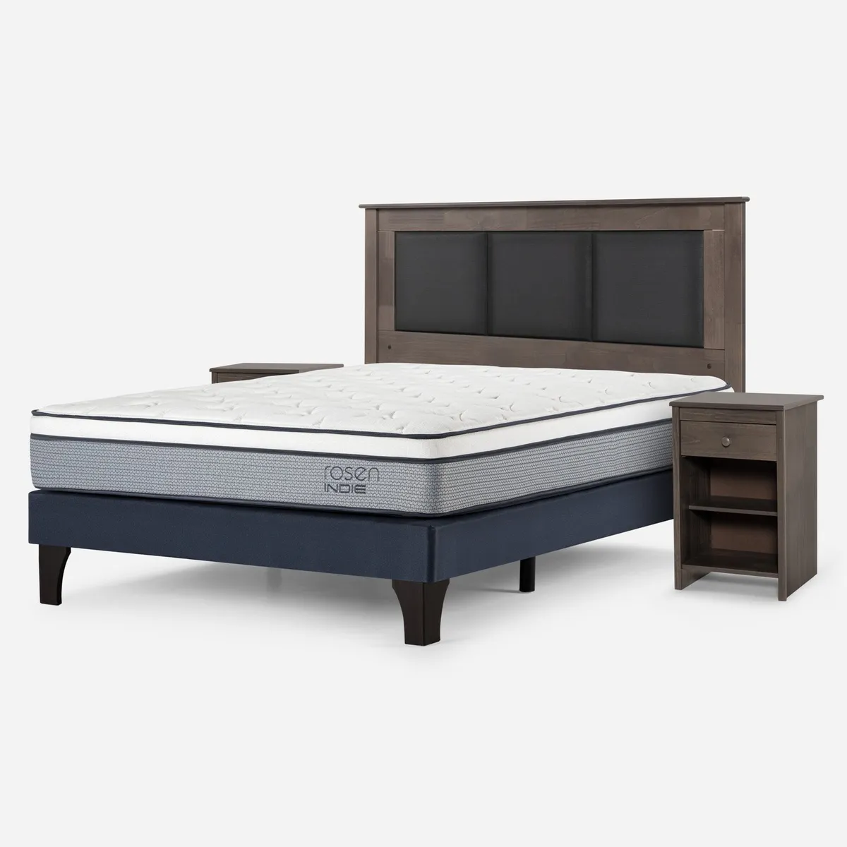 ROSEN - Cama Europea Indie 2 Plazas x 2.00 mt Base Normal + Respaldo + 2 Veladores Rosen