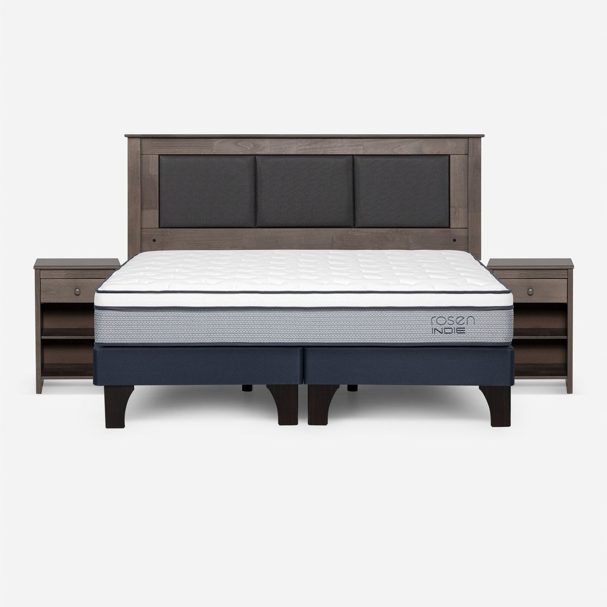 ROSEN - Cama Europea Indie King x 2.00 mt Base Dividida + Respaldo + 2 Veladores Rosen