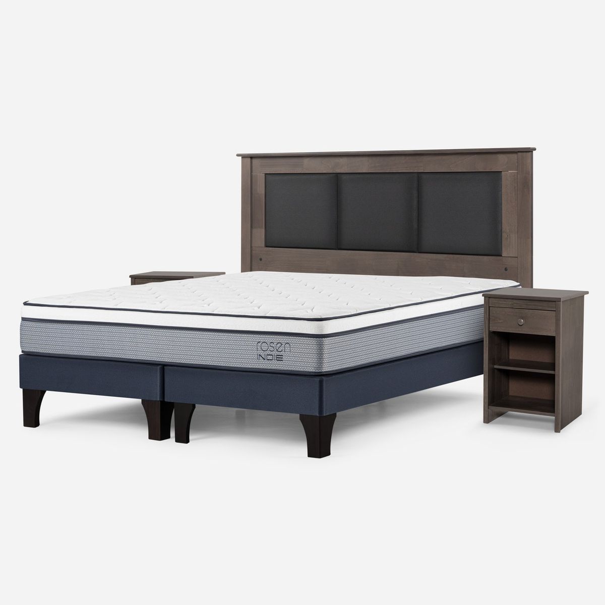 ROSEN - Cama Europea Indie King x 2.00 mt Base Dividida + Respaldo + 2 Veladores Rosen