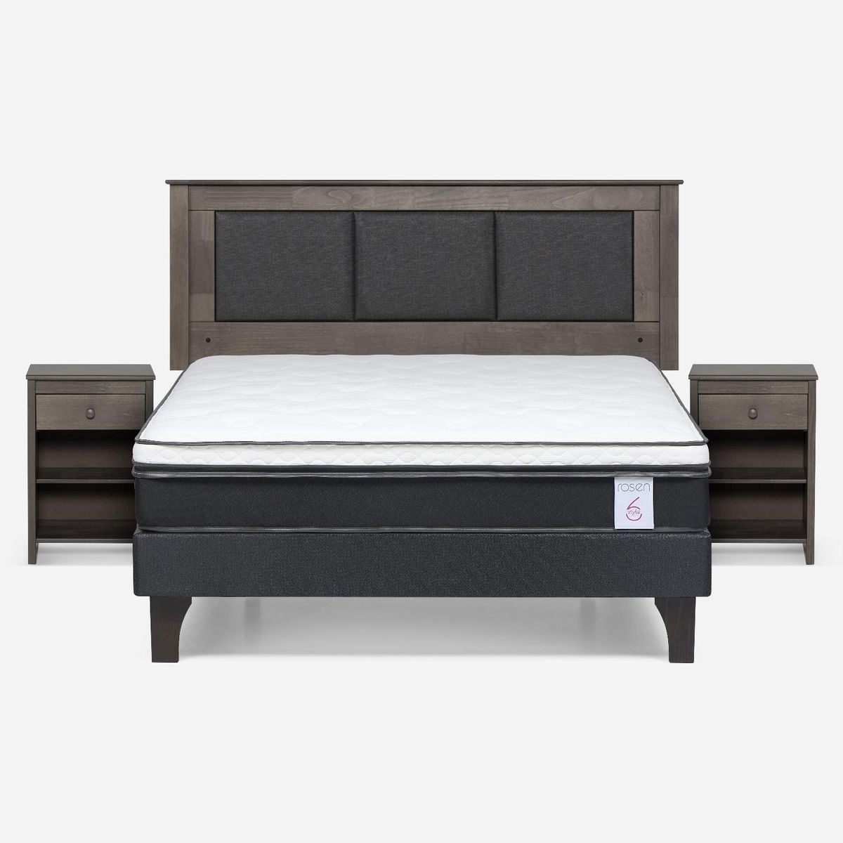 ROSEN - Cama Europea New Style 6 2 Plazas x 2.00 mt Base Normal + Respaldo + 2 Veladores Rosen