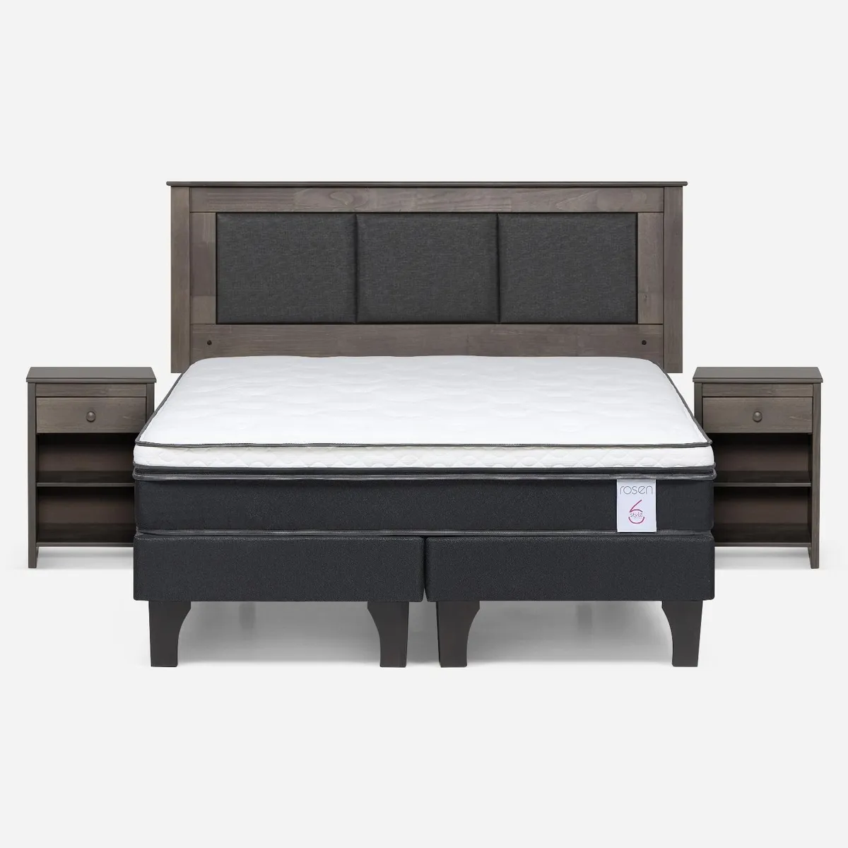 ROSEN - Cama Europea New Style 6 2 Plazas x 2.00 mt Base Dividida + Respaldo + 2 Veladores Rosen