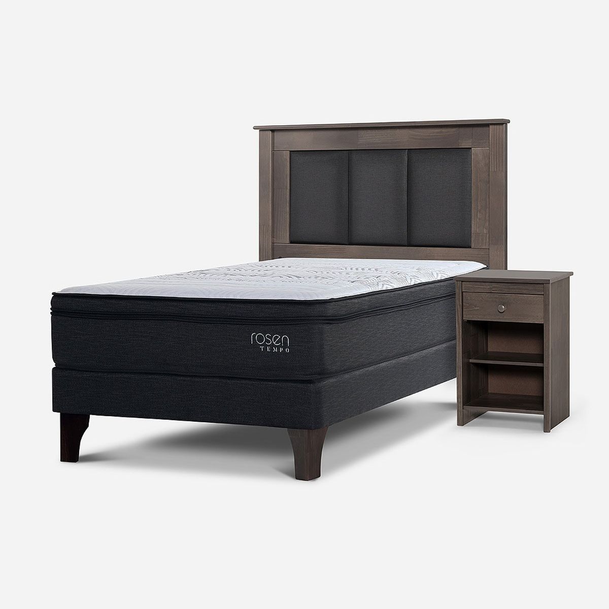 ROSEN - Cama Europea Tempo 1.5 Plazas x 2.00mt  + Respaldo + 1 Velador Rosen
