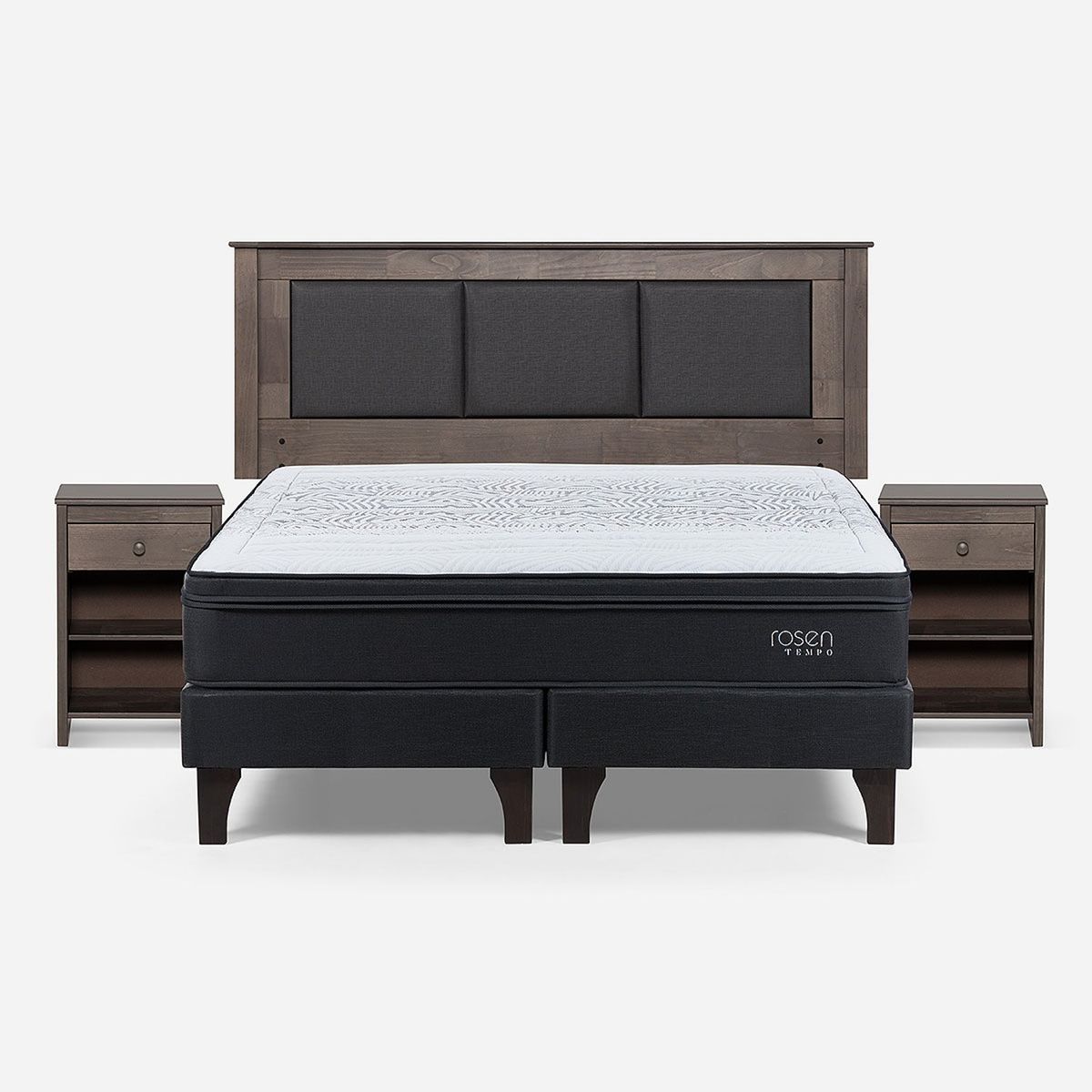 ROSEN - Cama Europea Tempo 2 Plazas + Respaldo + 2 Veladores Rosen
