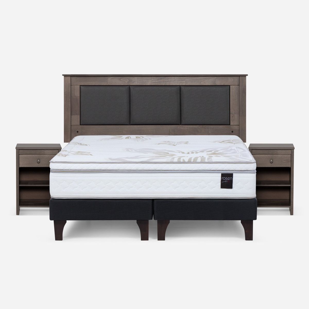 ROSEN - Cama Europea Art 4 2 Plazas x 2.00mt Base Dividida + Respaldo + 2 Veladores Rosen