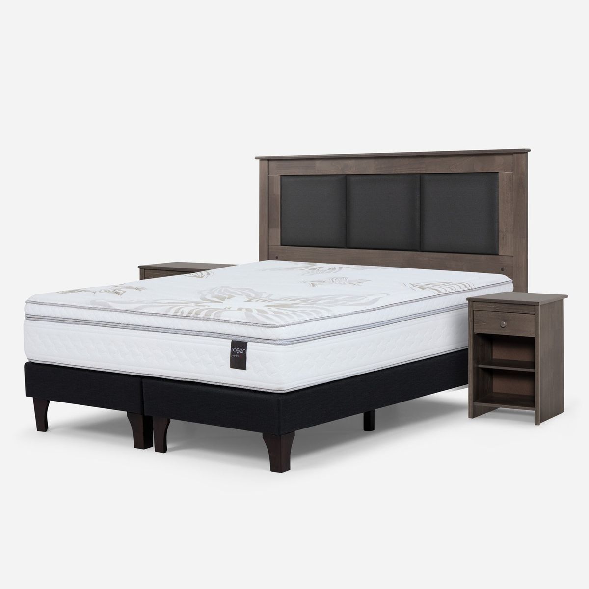 ROSEN - Cama Europea Art 4 2 Plazas x 2.00mt Base Dividida + Respaldo + 2 Veladores Rosen