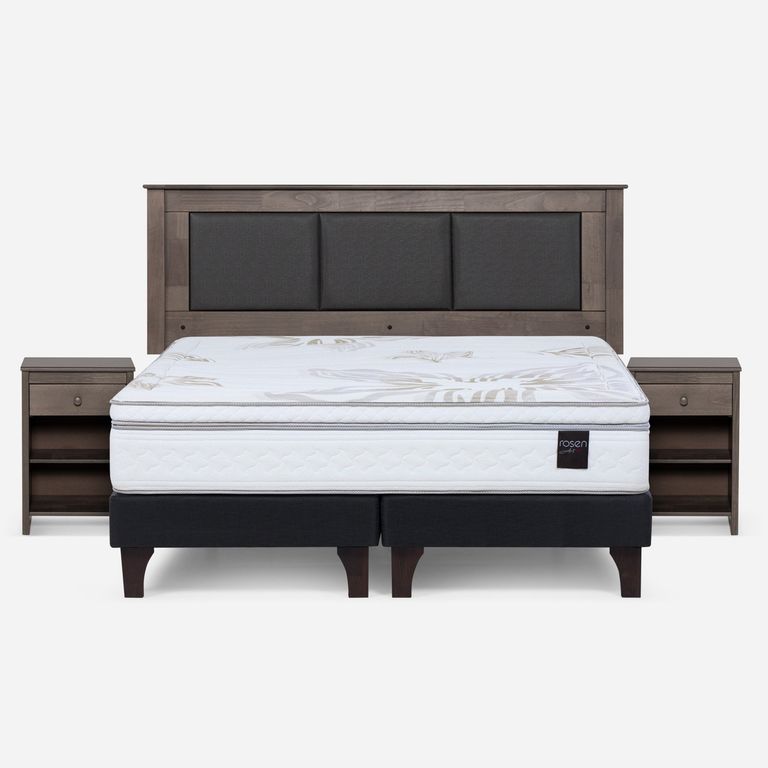 Cama Europea Art 4 King x 2.00mt Base Dividida + Respaldo + 2 Veladores