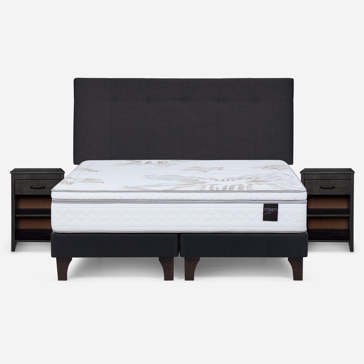ROSEN - Cama Europea Art 4 King x 2.00mt Base Dividida + Respaldo + 2 Veladores Rosen