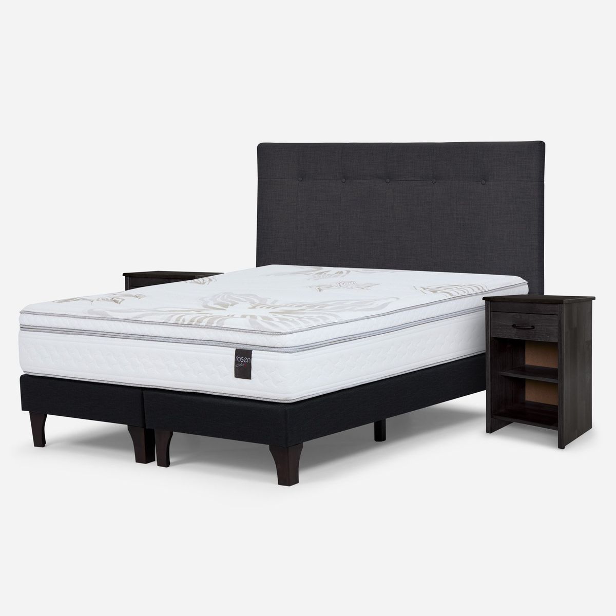 ROSEN - Cama Europea Art 4 King x 2.00mt Base Dividida + Respaldo + 2 Veladores Rosen