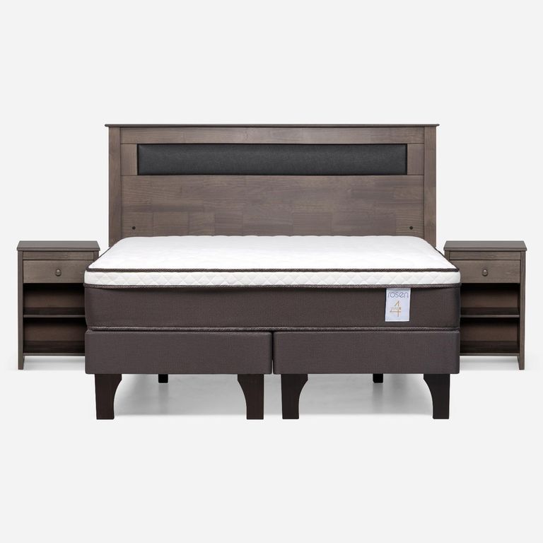 Cama Europea New Style 4 Plus Plus 2 Plazas x 2.00 mt Base Dividida + Respaldo + 2 Veladores