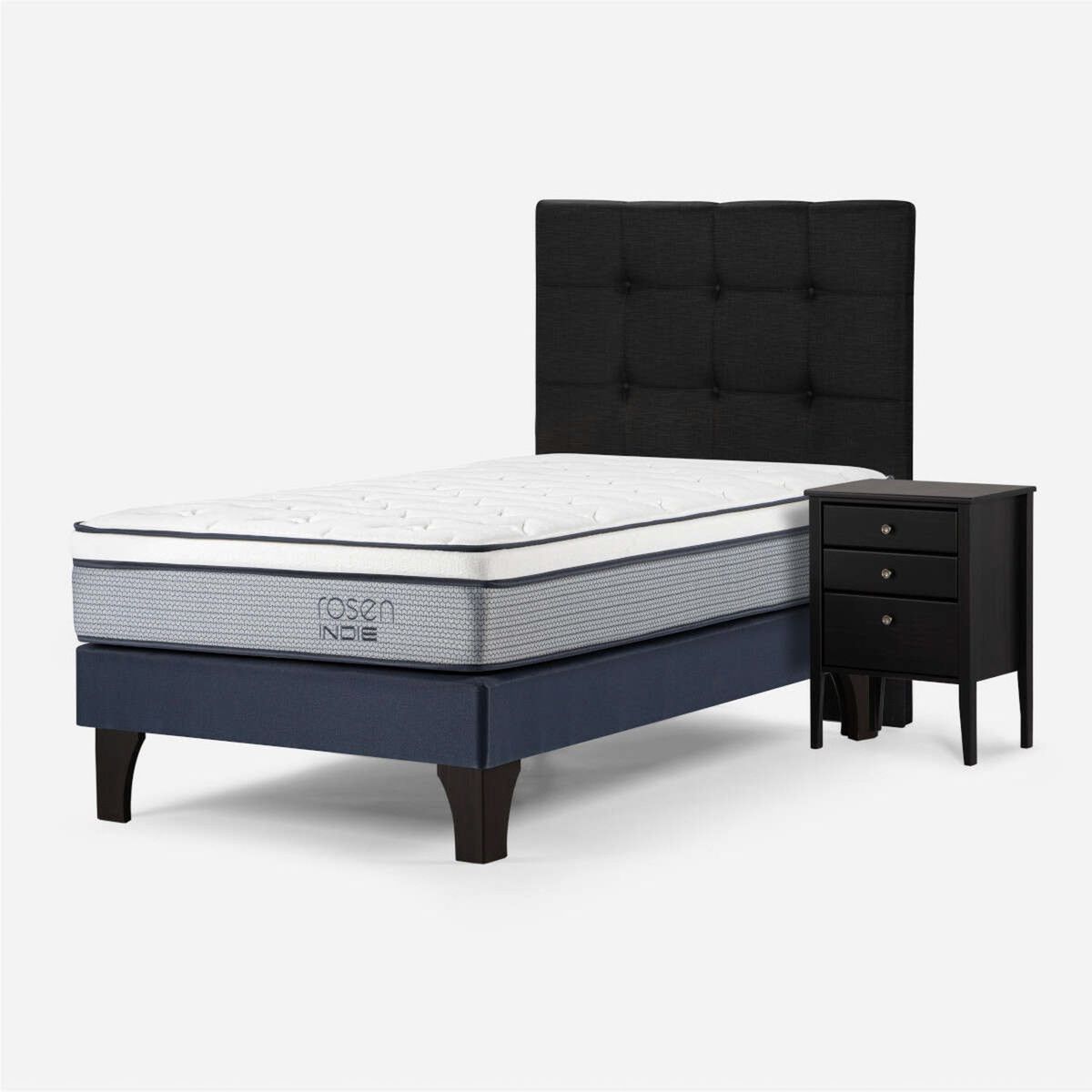 ROSEN - Cama Europea Indie 1.5 Plazas x 2.00 mt  + Respaldo + 1 Velador Rosen