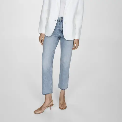 MANGO - Jeans Blanca Tiro Medio Rectos Crop Mujer