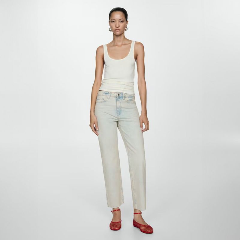 MANGO - Jeans Blanca Tiro Medio Rectos Crop Mujer Mango
