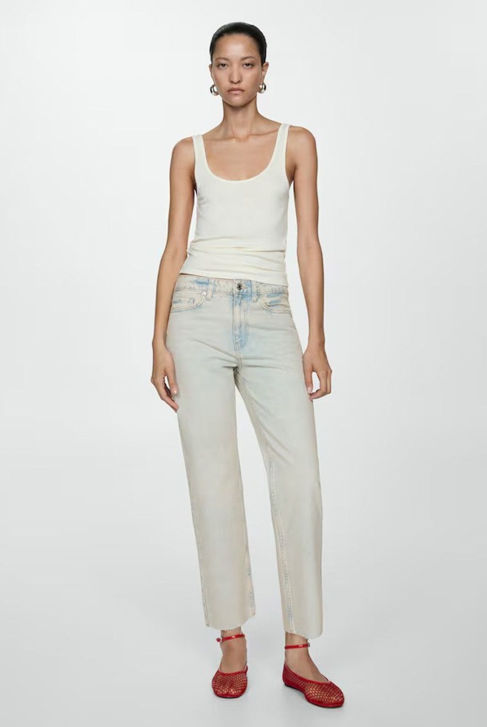MANGO - Jeans Blanca Tiro Medio Rectos Crop Mujer Mango