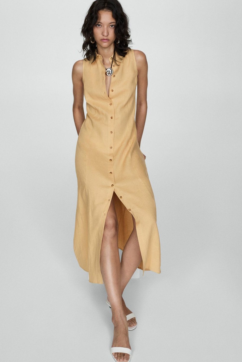 MANGO - Vestido Camisero Lino Mujer Mango