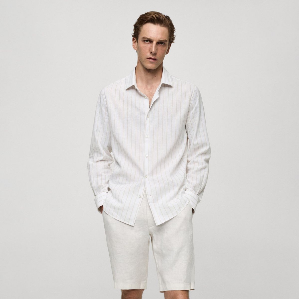 MANGO MAN - Camisa Regular Fit Lino Algodón Rayas Hombre Mango Man