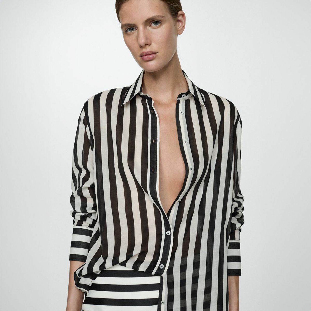 MANGO - Camisa 100% Algodón Rayas Semitransparente Mujer Mango