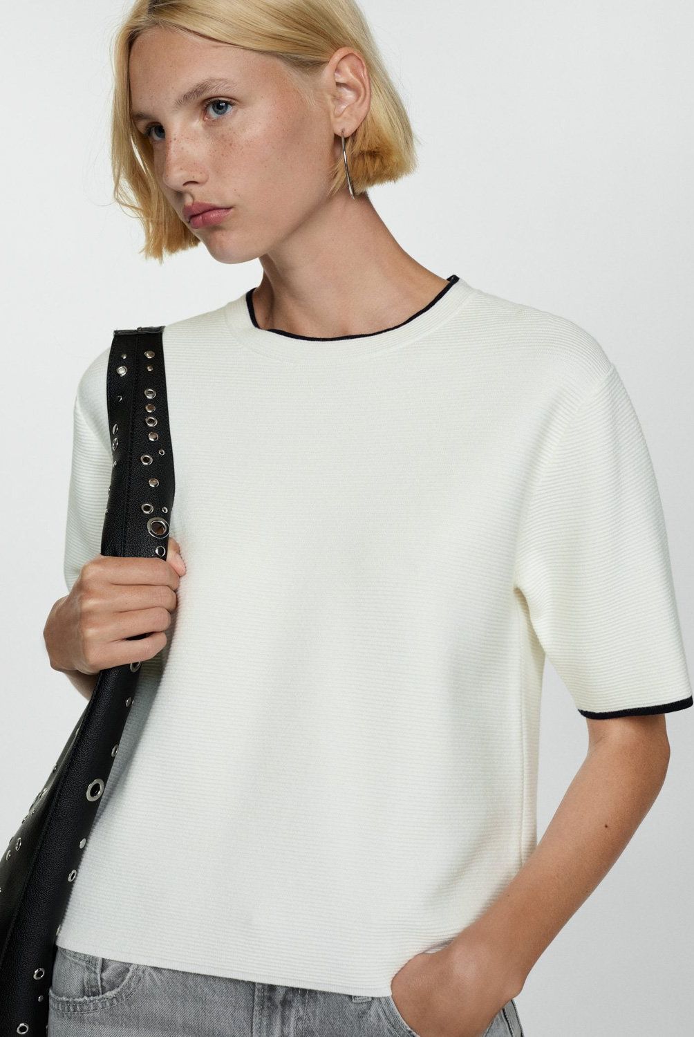 MANGO - Sweater Manga Corta Ribetes Contraste Mujer Mango