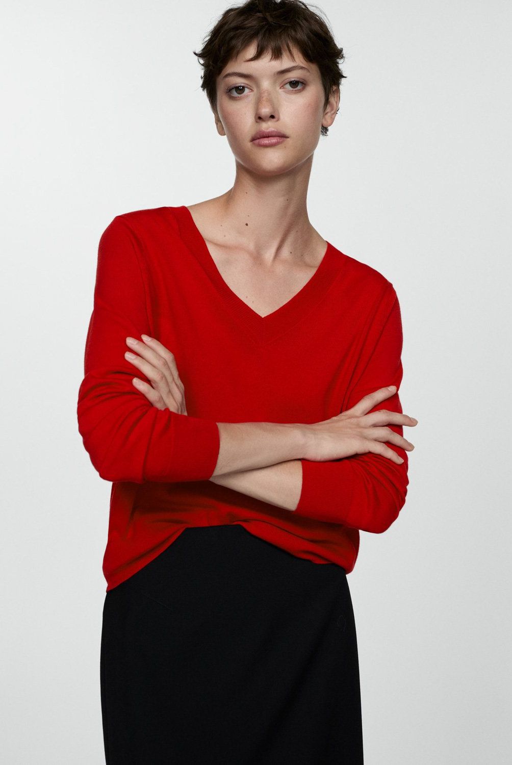 MANGO - Sweater Punto Fino Cuello Pico Mujer Mango