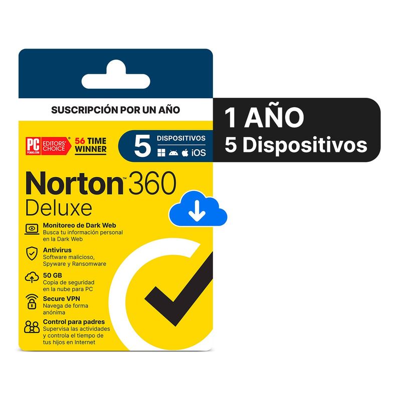 MICROSOFT - Antivirus Norton 360 Deluxe 5 Dispositivos por 1 Año-Licencia Descargable