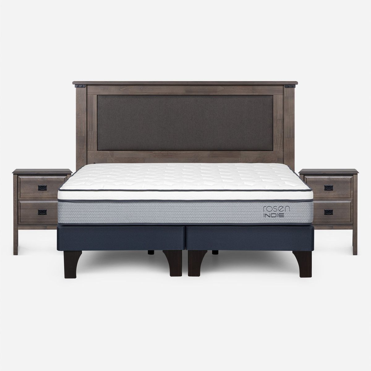 ROSEN - Cama Europea Indie King x 2.00 mt Base Dividida + Respaldo + 2 Veladores Rosen